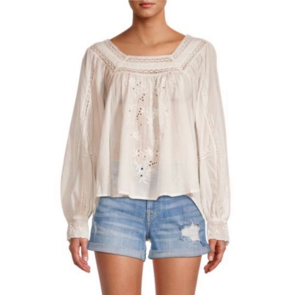 Free People Faraway Fields Embroidered Boho Raglan-Sleeve Top In Ivory NWT - Picture 3 of 16